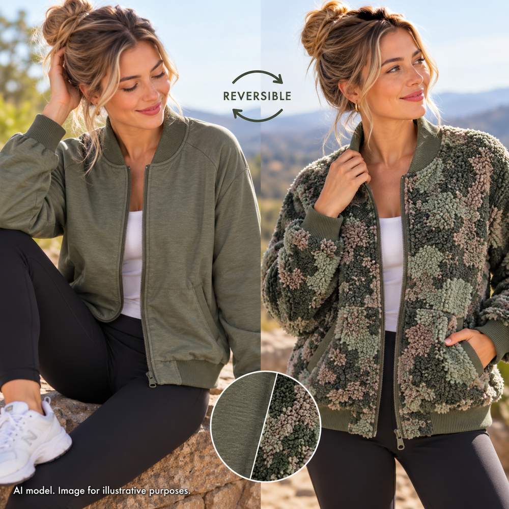 Prana Jacket Women M Army Green Sherpa Camo Fluffy Organic Cotton Reversible